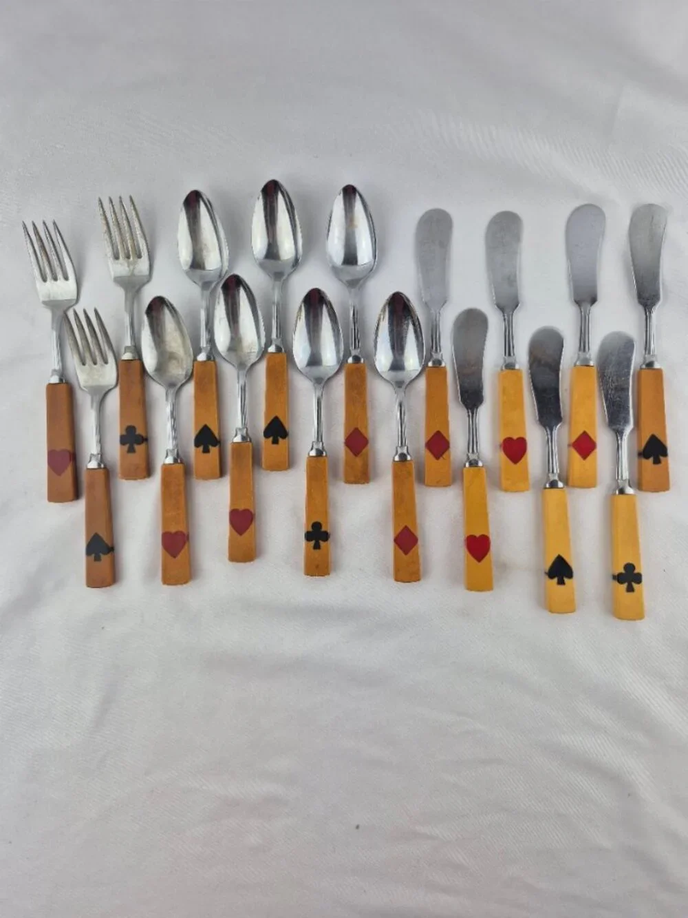 Art Deco Bakelite Flatware Inlaid Playing Card Suits 3 forks, 7 knives 7 spoons